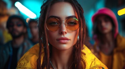 Portrait of a young adult woman with dreadlocks wearing yellow tint glasses looking at the camera, headshot portrait on a transparent background, PNG image, PNG file.