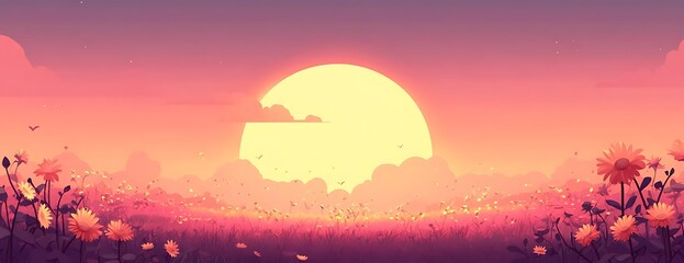Obraz premium Sunset field, flowers, peace. Website background