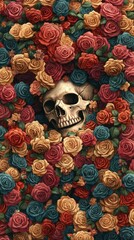 Human skull nestled in colorful roses.