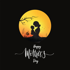 Mother and Child Silhouette – Mother's Day Sunset Vector Art
