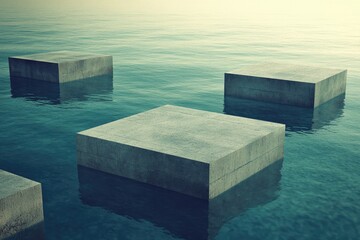 Grey concrete blocks float on tranquil water.  Misty, tranquil scene