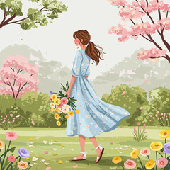 Young woman in blue dress walking with flowers in a blooming garden  