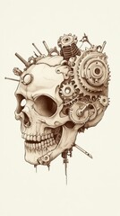 Fototapeta premium Mechanical gears integrated into a skull drawing.