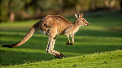Kangaroo mid-air over lush grass