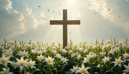 Cross Surrounded by Blooming White Flowers ascension day, glowing cross
