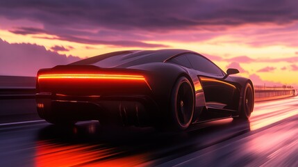 Sleek black sports car driving on highway at sunset
