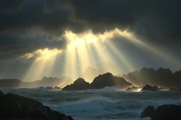 Dramatic sun rays break through dark clouds, illuminating a rocky seascape with crashing waves