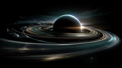 Planet with rings in deep space &mdash; a detailed and modern 3D-style concept ideal for tech visuals, infographics, marketing materials, and futuristic digital presentations.