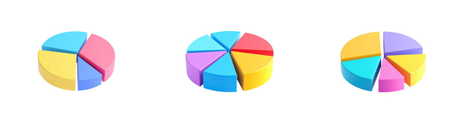 Obraz premium Three colorful 3D pie charts with distinct segments in various colors.