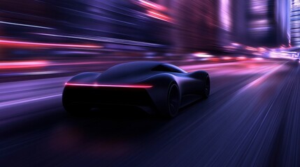 Sleek dark car speeding, city lights blurred.