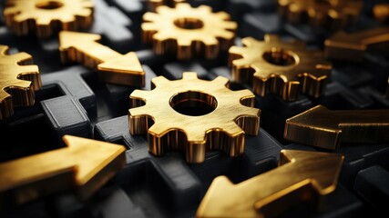 Gold gears and arrows represent process and efficiency