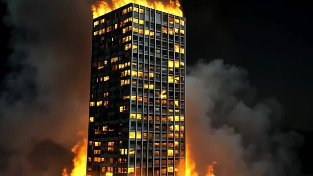 A towering skyscraper engulfed in flames amidst a smoky backdrop, depicting a dramatic urban disaster