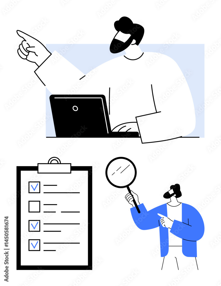 Poster man working on a laptop, checklist with tasks and checkmarks, team member holding magnifying glass i