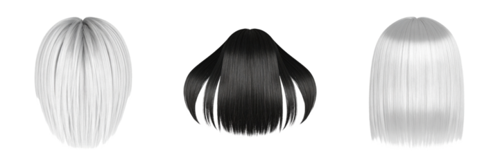 Three different straight bob wigs displayed with center parting and smooth texture.