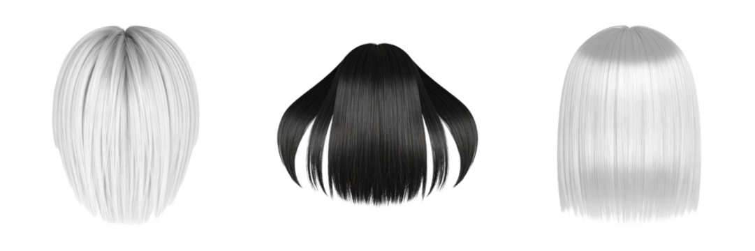 Three different straight bob wigs displayed with center parting and smooth texture.