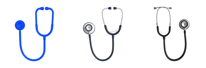 Three different colored stethoscopes are arranged side by side.