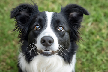 trusting border collie looking at owner in green field