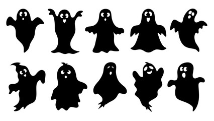 set of halloween ghosts silhouette vector on tranparent background