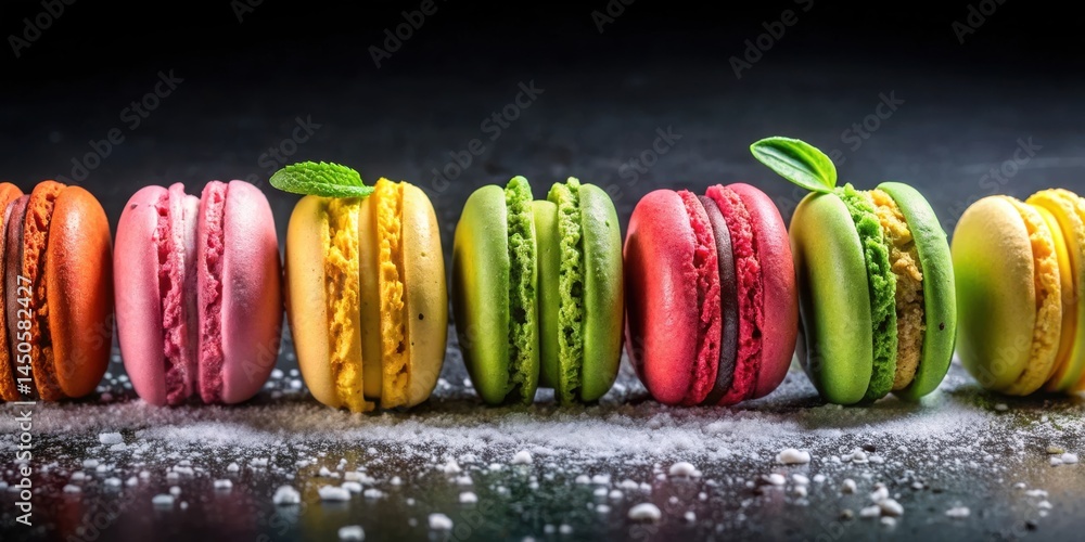 Poster A row of colorful macarons with a dusting of powdered sugar on a dark background.