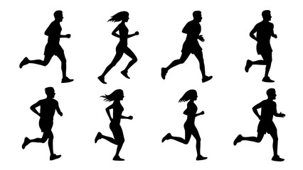 set of running people silhouette vector on tranparent background.
