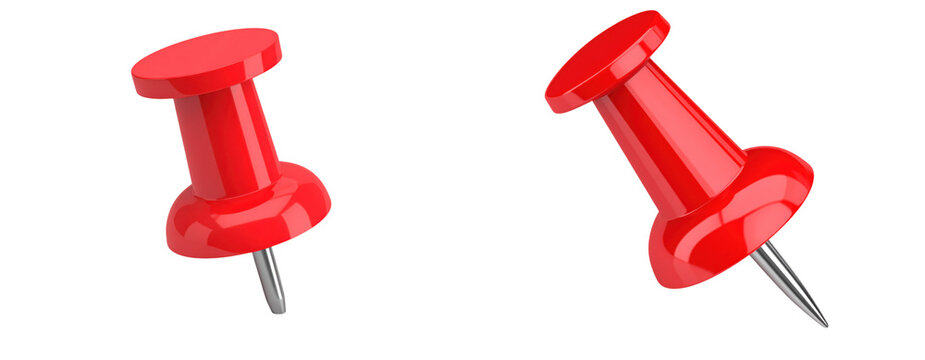 Two red push pins with metallic points.