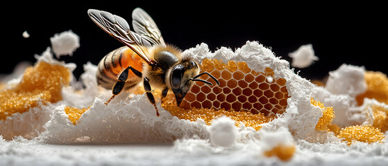 A close-up of a bee on a honeycomb. It evokes themes of nature honey and the importance of bees. This image is suitable for educational materials or honey-related products.