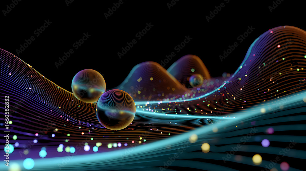 Poster a dynamic landscape composed of colorful glowing strands and shimmering spheres on a black backgroun