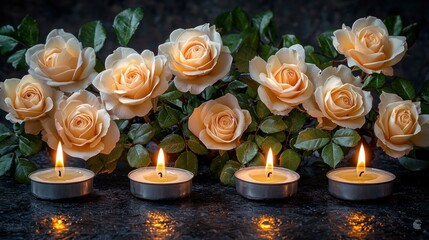 Peach roses and candles create a calming scene