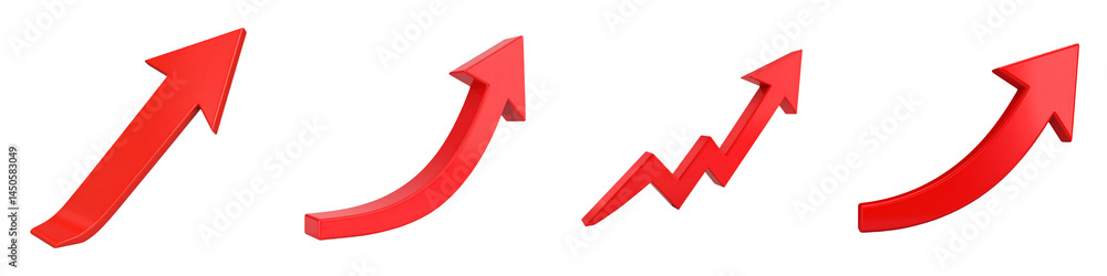 Poster four red upward-pointing arrows with different shapes indicating growth or increase.