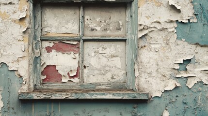 Naklejka premium Aged, weathered window in a dilapidated building facade.
