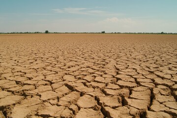 Vast, cracked earth stretches under a clear sky.  Dry, barren land