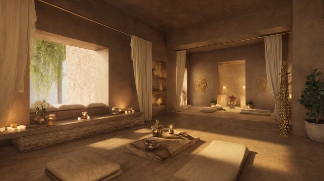 Serene Interior with Brass Diya and Tulsi Plant in Natural Light