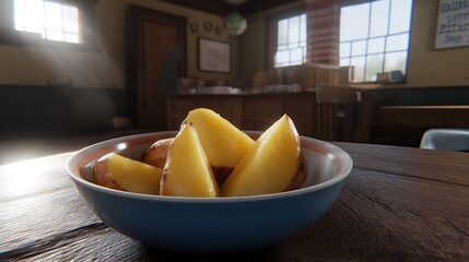 Sliced potatoes in bowl on table