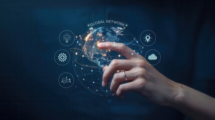 A hand interacts with a holographic global network.