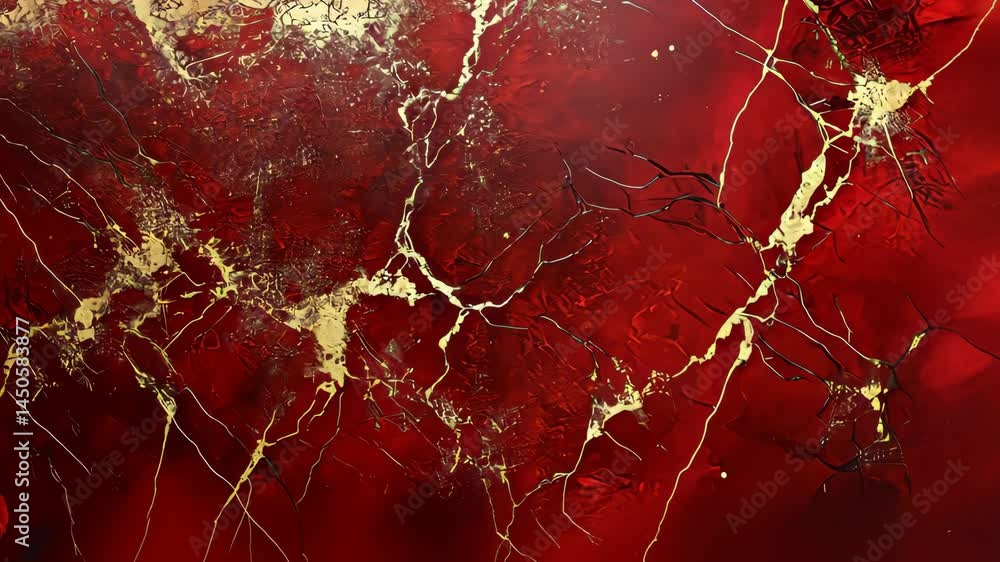 Poster dynamic golden veins on vibrant red: intricate abstract patterns