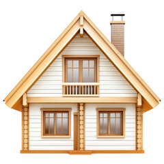 Cozy wooden house exterior with a gabled roof, large , chimney, and small front porch, showcasing a charming and inviting countryside or mountain home style