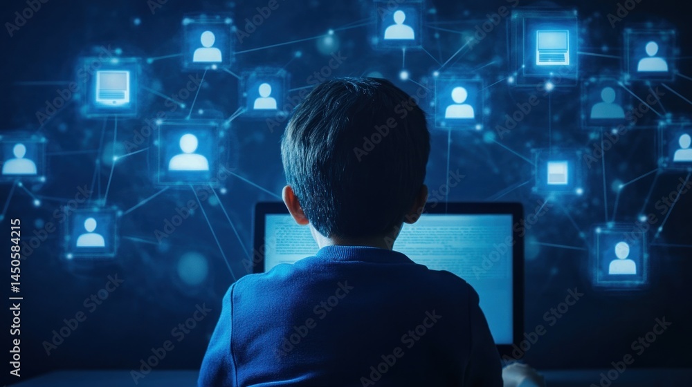 Poster child with futuristic network interface and computer