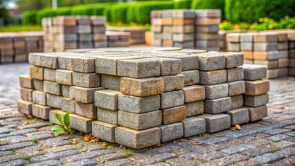 A stack of paving stones arranged in a geometric pattern, showcasing the earthy tones and textures of the material, with a focus on the intricate details and craftsmanship of each individual stone.