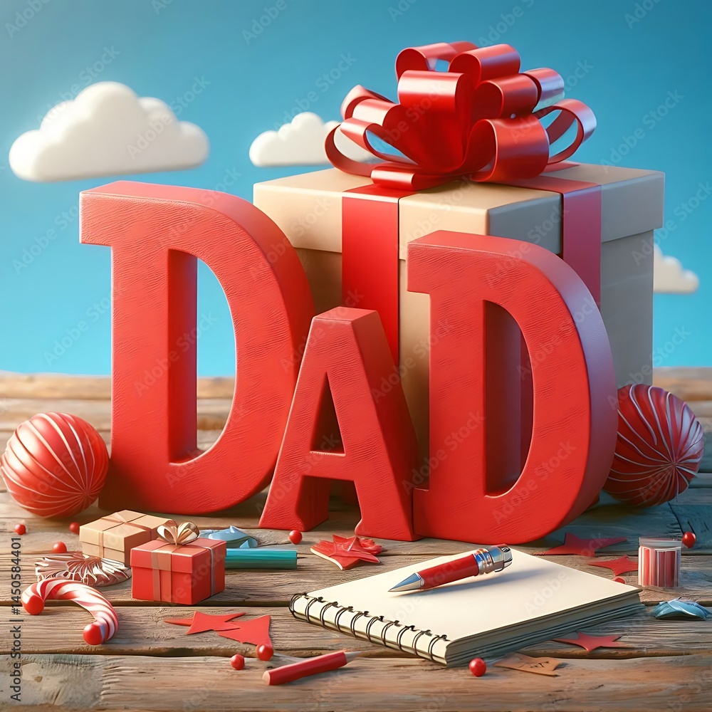 Fototapete 3d red letters that say dad on a rustic wooden table and a packed gift behind it with isolated sky b