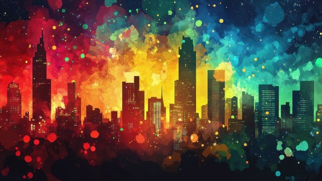 A vibrant cityscape illustration with a painted effect.