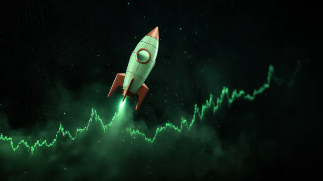 Rocket launch over digital crypto graph — a detailed and modern 3D-style concept ideal for tech visuals, infographics, marketing materials, and futuristic digital presentations.