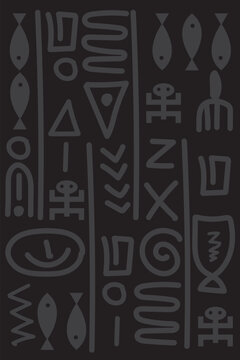Dark Africa pattern  vector illustration with tribal symbols on black background. Hand-drawn ethnic elements, perfect for African heritage, celebration, or culture themes.