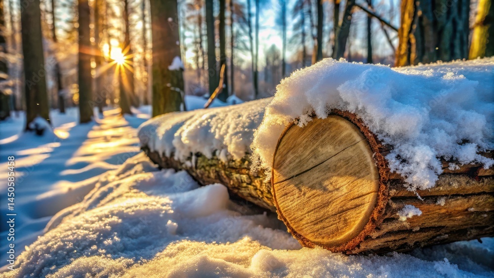 Poster sun-kissed snow on a fallen log in a winter forest, creating a serene contrast of warm and cold