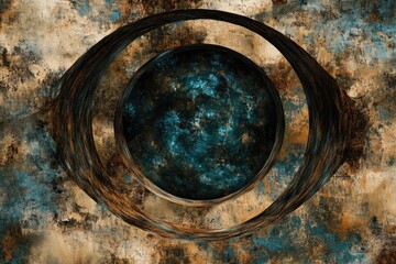 Rustic, concentric circles framing a textured, teal sphere.  Aged, layered materials