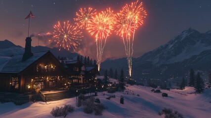 Festive fireworks over snowy mountain ski lodge