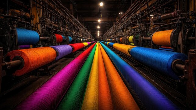 Vibrant thread spools in textile factory colorful yarn manufacturing process