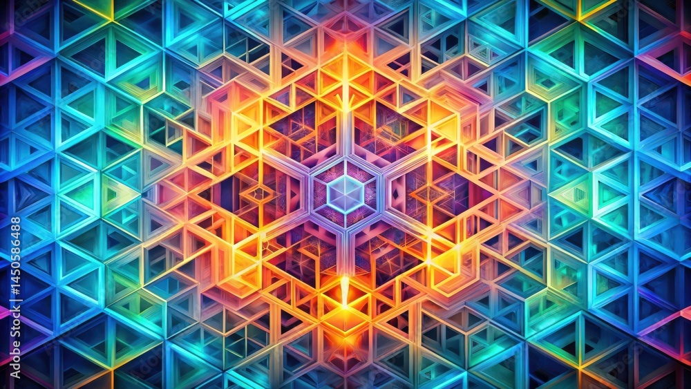 Poster A mesmerizing abstract pattern with glowing, colorful geometric shapes creating an intricate and dazzling visual effect.