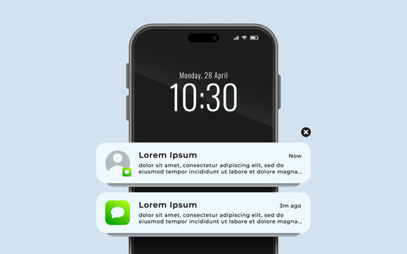 Close up of smartphone with pop-up push notification template from messaging app, vector illustration.