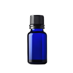 Single Cobalt Blue Essential Oil Bottle with Matte Black Cap Isolated on White Background for Aromatherapy and Wellness Applications