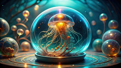 A glowing jellyfish trapped within a glass orb on a circular platform surrounded by other glowing orbs.
